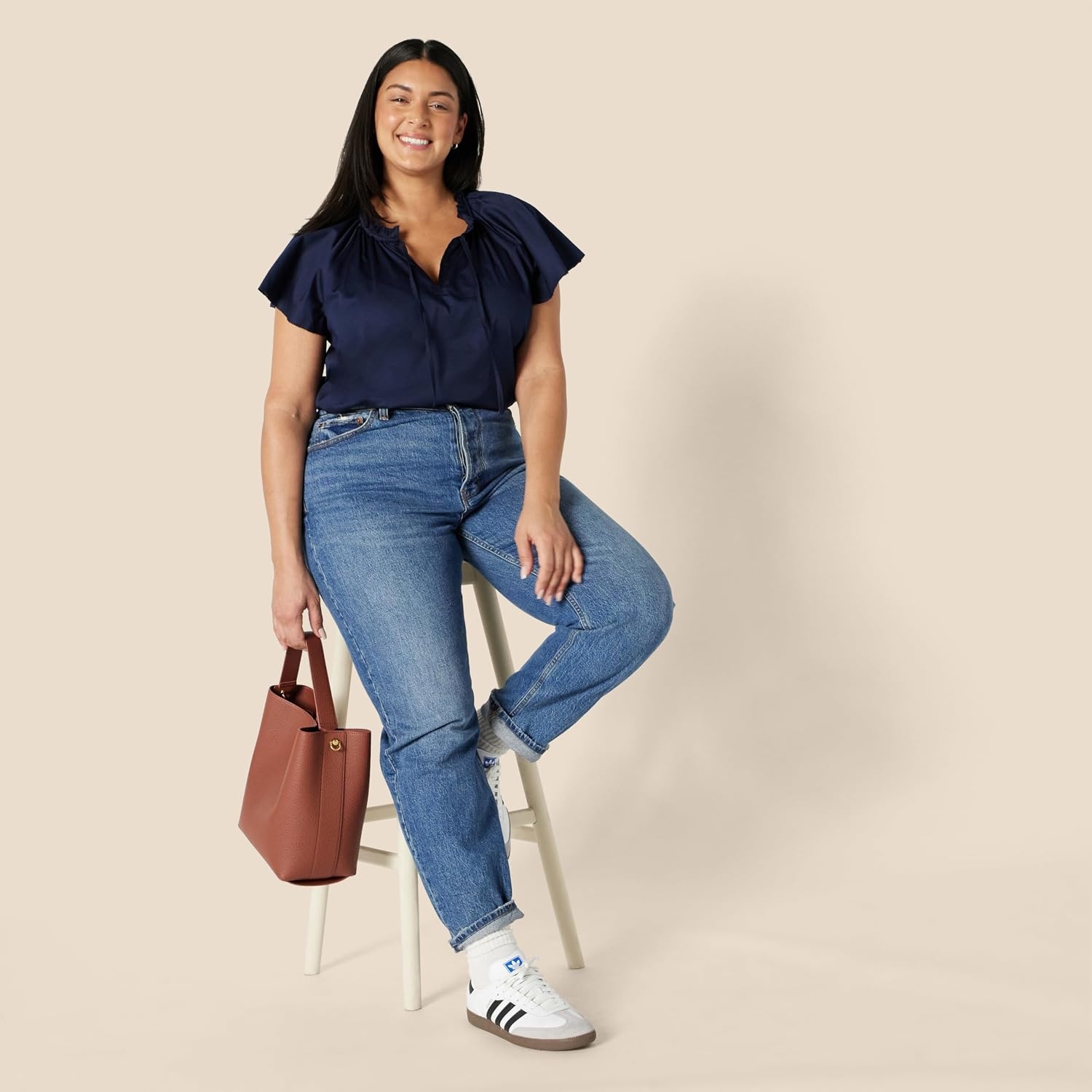 image:imageAmazon Essentials Womens RelaxedFit RuffleNeck Cotton Sateen BlouseNavy