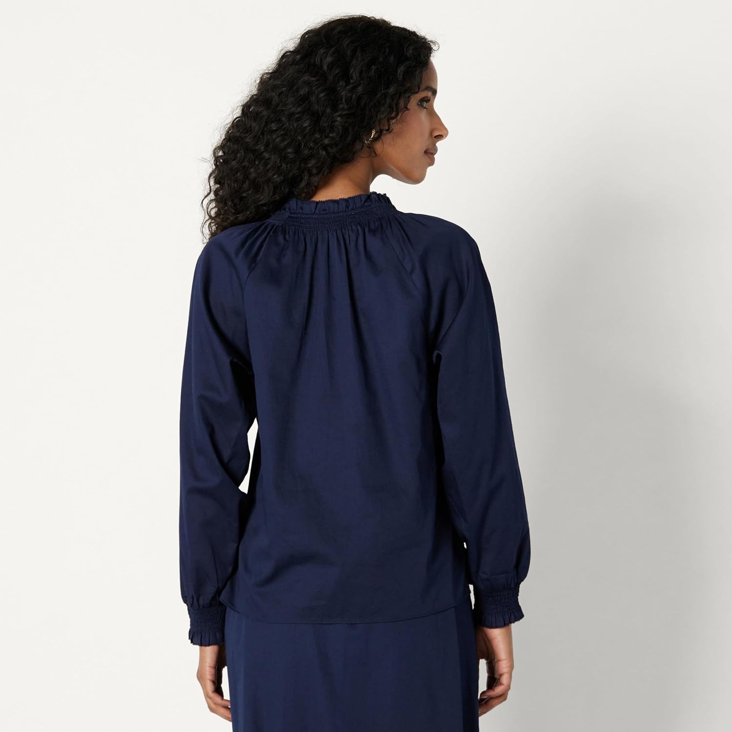 image:imageAmazon Essentials Womens RelaxedFit RuffleNeck Cotton Sateen BlouseNavy