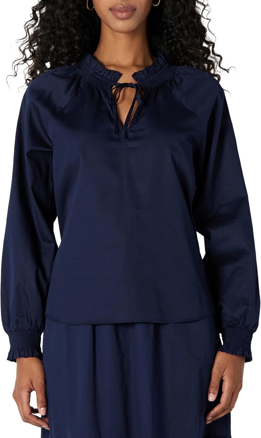image:imageAmazon Essentials Womens RelaxedFit RuffleNeck Cotton Sateen BlouseNavy