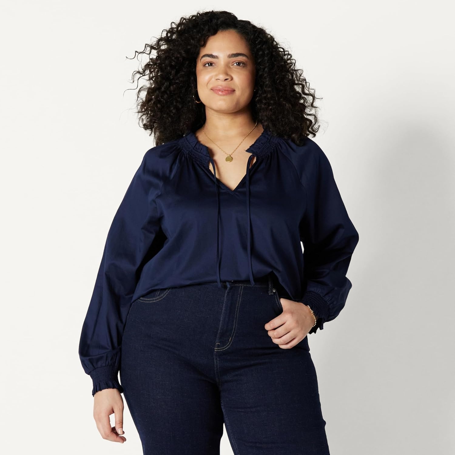 image:imageAmazon Essentials Womens RelaxedFit RuffleNeck Cotton Sateen BlouseNavy