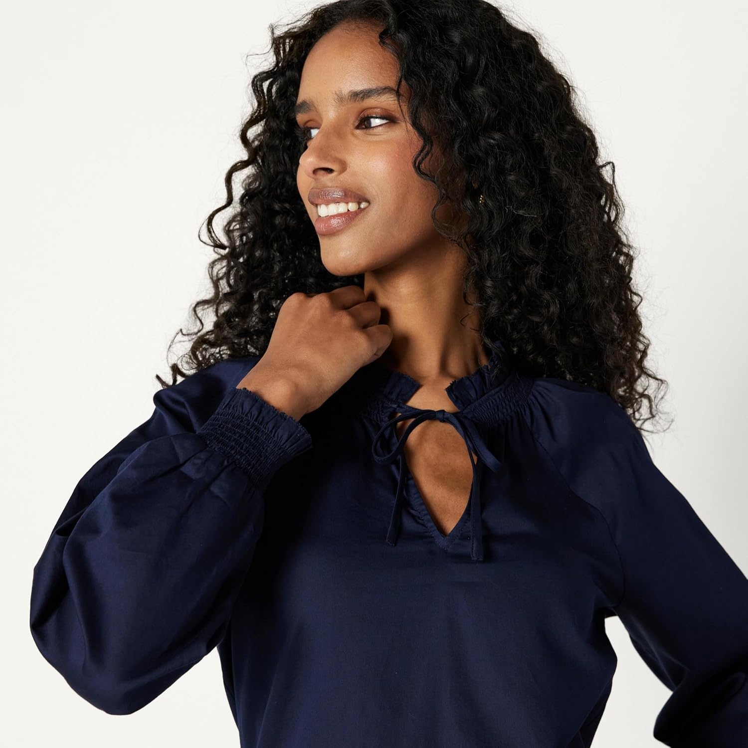 image:imageAmazon Essentials Womens RelaxedFit RuffleNeck Cotton Sateen BlouseNavy