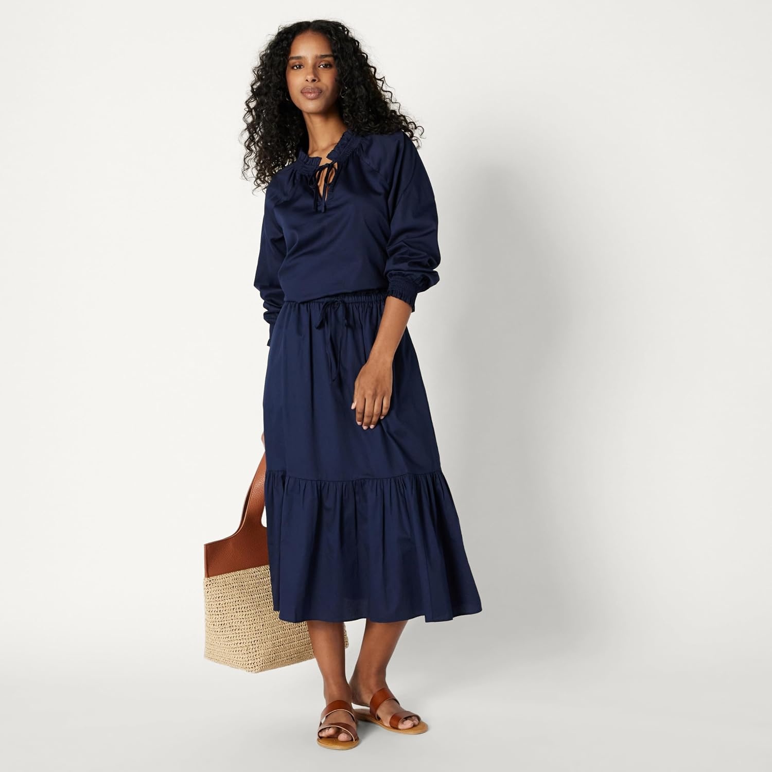 image:imageAmazon Essentials Womens RelaxedFit RuffleNeck Cotton Sateen BlouseNavy