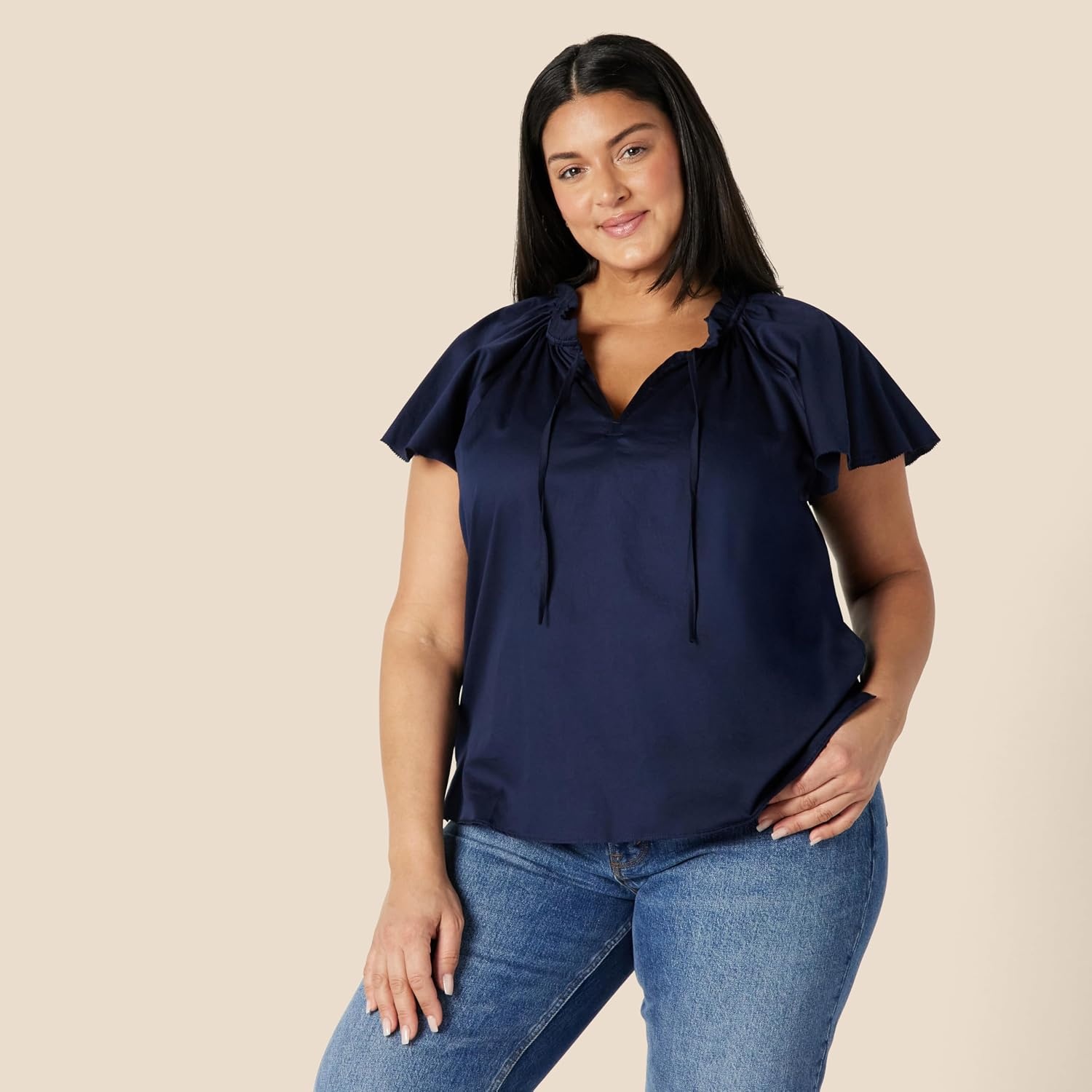 image:imageAmazon Essentials Womens RelaxedFit RuffleNeck Cotton Sateen BlouseNavy
