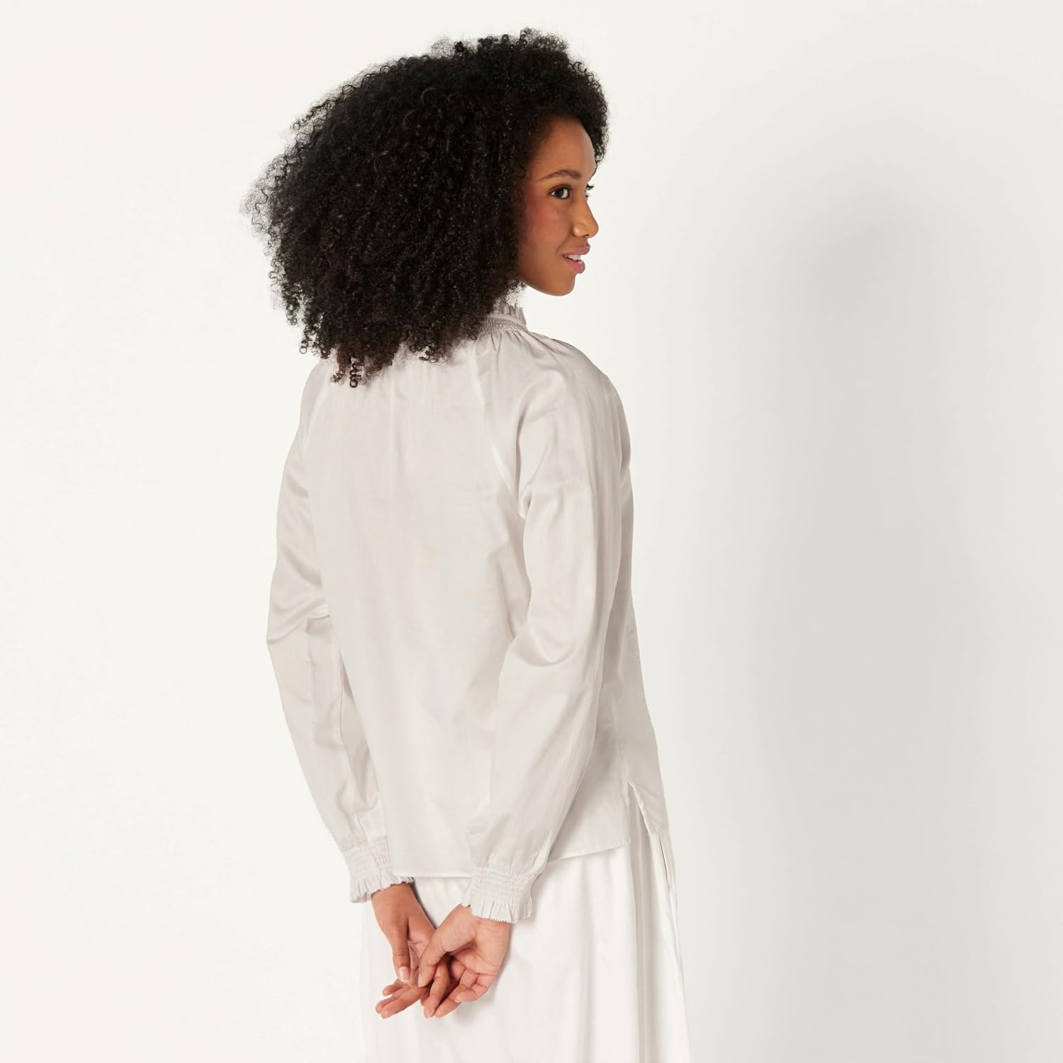 image:imageAmazon Essentials Womens RelaxedFit RuffleNeck Cotton Sateen BlouseWhite