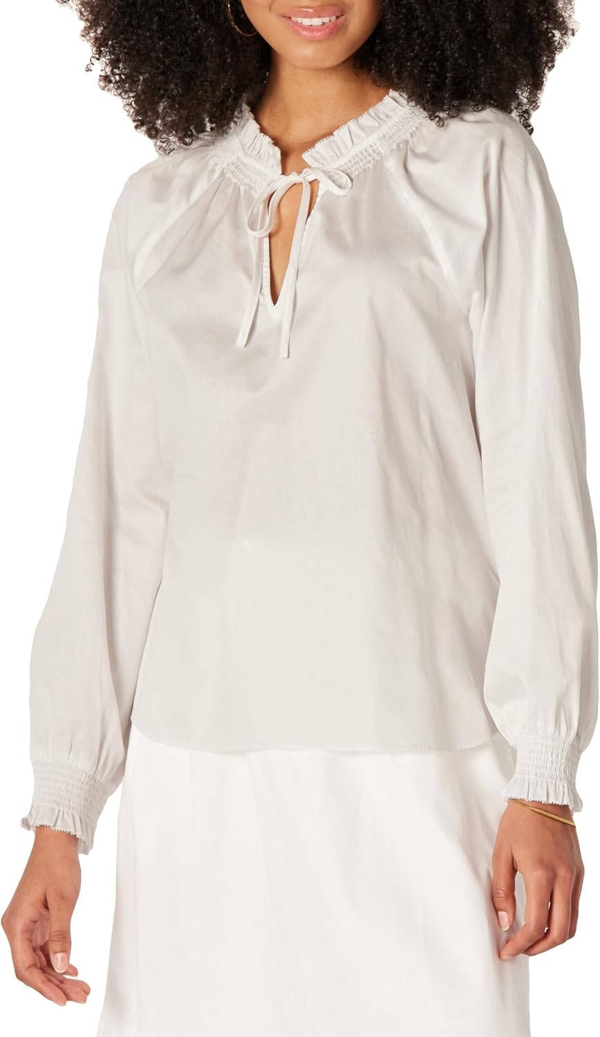 image:imageAmazon Essentials Womens RelaxedFit RuffleNeck Cotton Sateen BlouseWhite