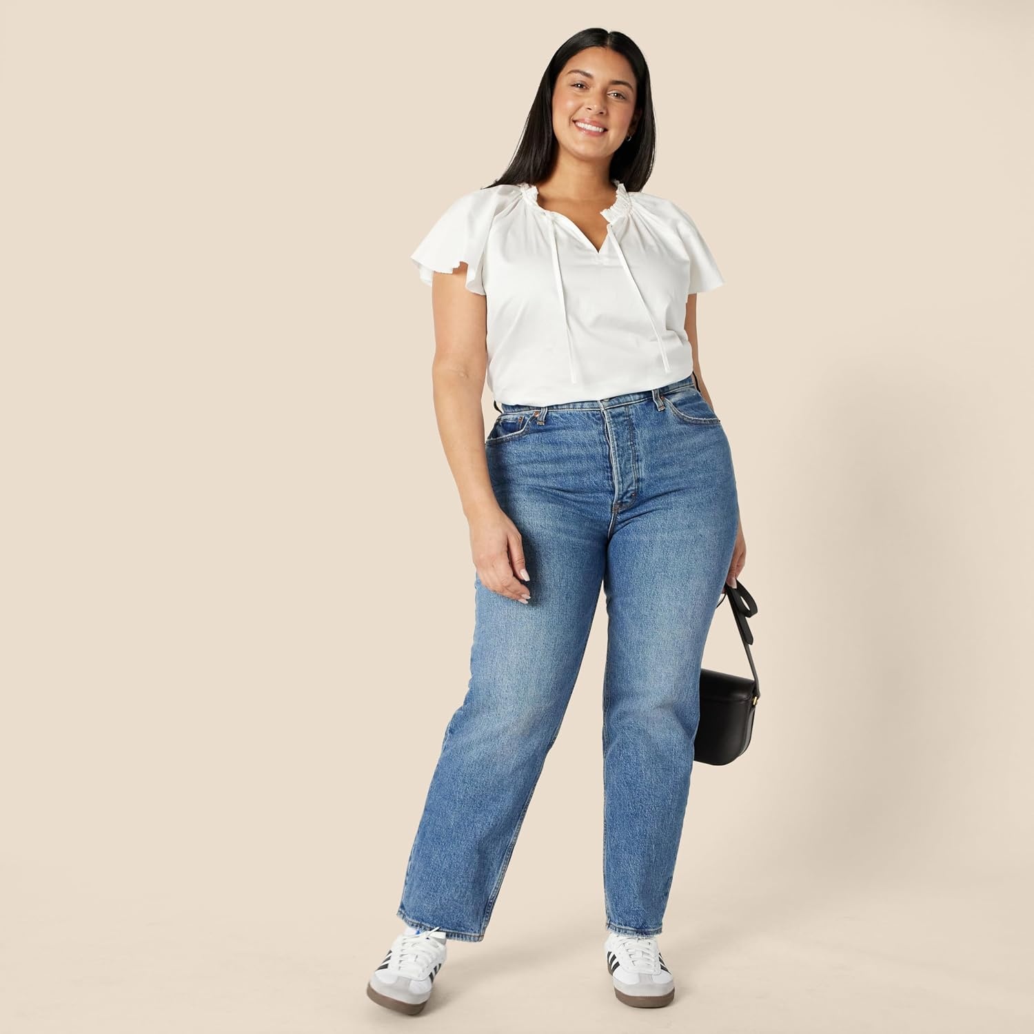 image:imageAmazon Essentials Womens RelaxedFit RuffleNeck Cotton Sateen BlouseWhite