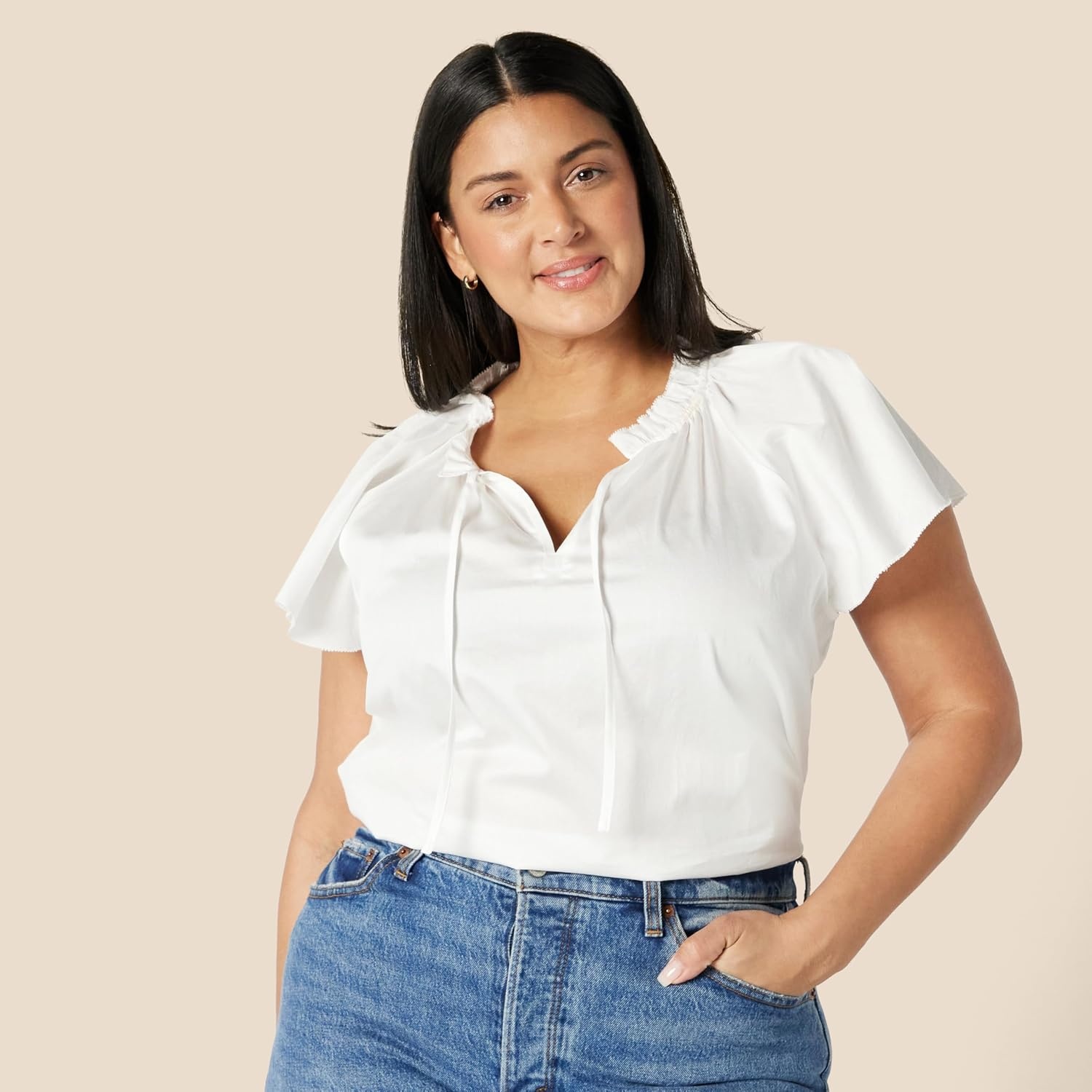 image:imageAmazon Essentials Womens RelaxedFit RuffleNeck Cotton Sateen BlouseWhite