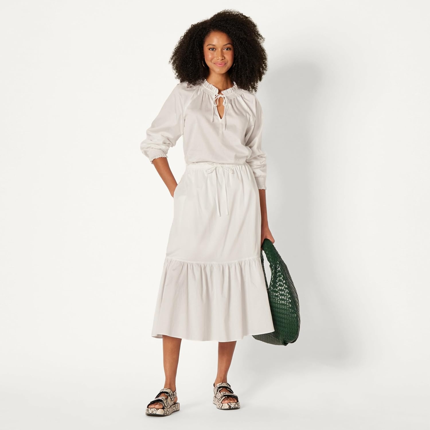 image:imageAmazon Essentials Womens RelaxedFit RuffleNeck Cotton Sateen BlouseWhite