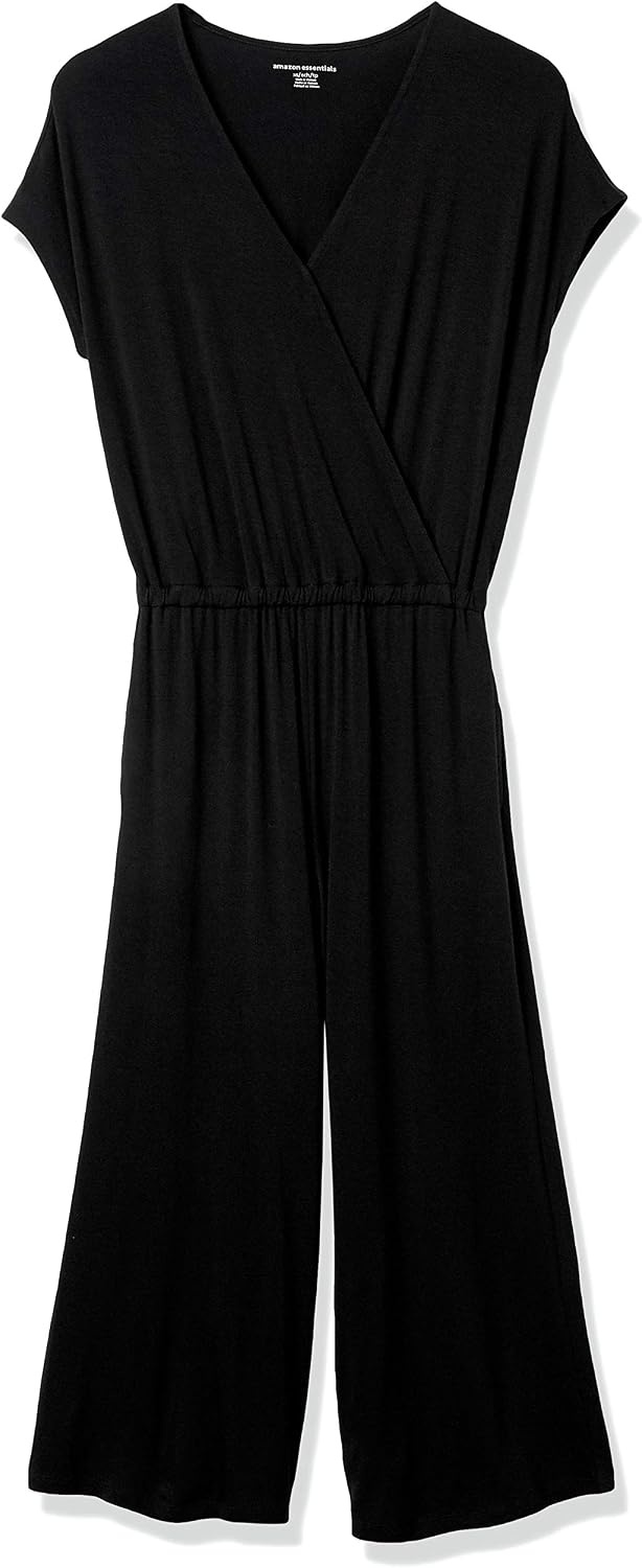 image:imageAmazon Essentials Womens ShortSleeve VNeck Surplice Cropped WideLeg Jumpsuit with Elastic WaistBlack