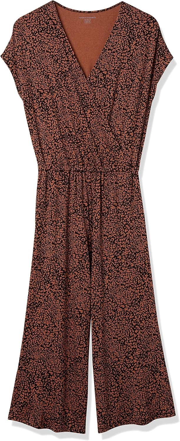 image:imageAmazon Essentials Womens ShortSleeve VNeck Surplice Cropped WideLeg Jumpsuit with Elastic WaistBrown Animal Print