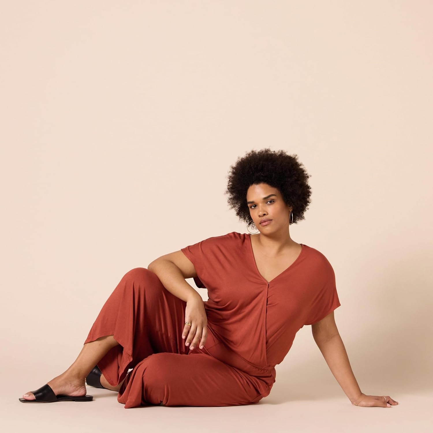 image:imageAmazon Essentials Womens ShortSleeve VNeck Surplice Cropped WideLeg Jumpsuit with Elastic WaistClay