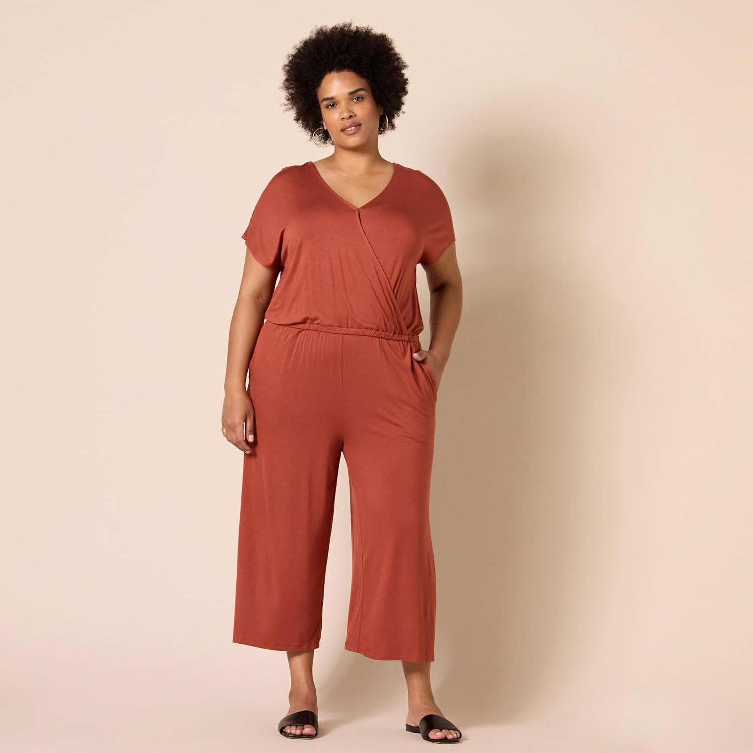 image:imageAmazon Essentials Womens ShortSleeve VNeck Surplice Cropped WideLeg Jumpsuit with Elastic WaistClay