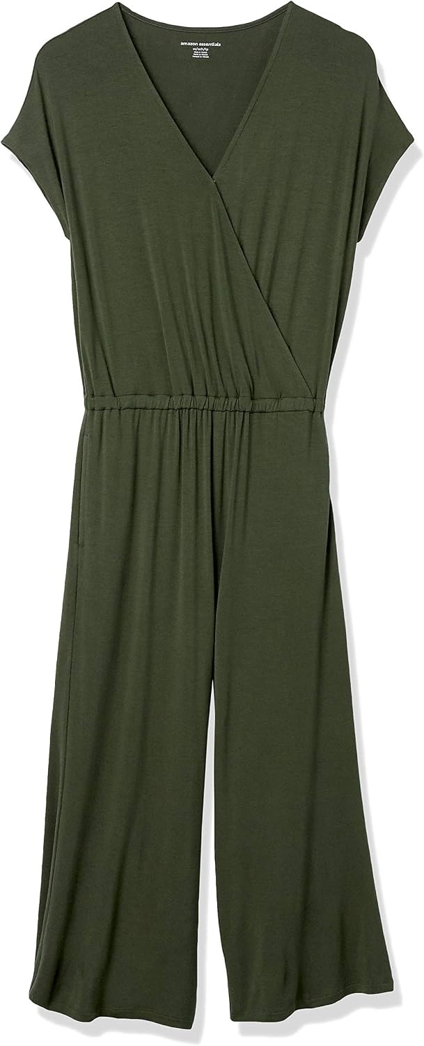 image:imageAmazon Essentials Womens ShortSleeve VNeck Surplice Cropped WideLeg Jumpsuit with Elastic WaistDark Olive
