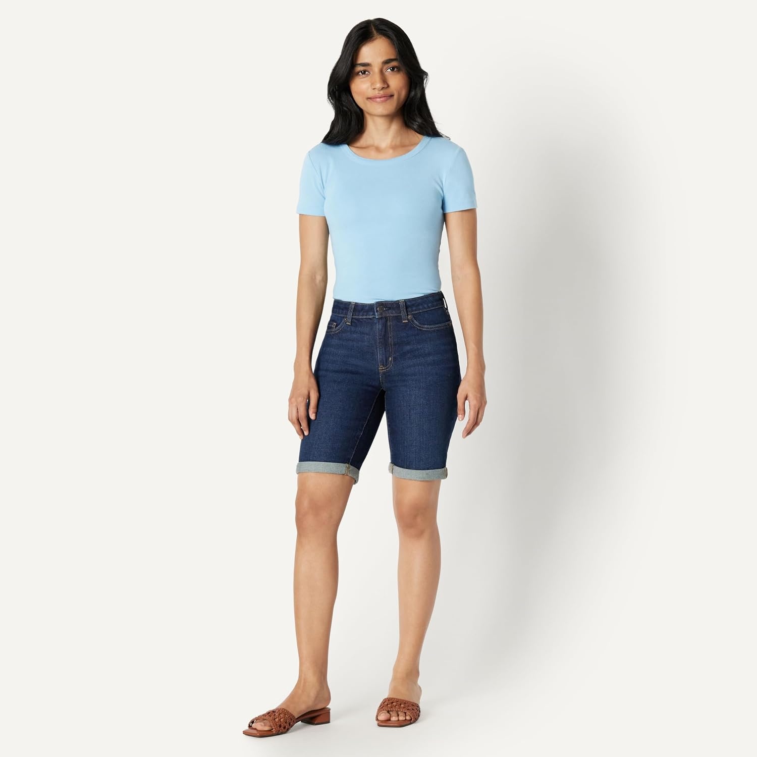 image:imageAmazon Essentials Womens Slim Fit Denim Bermuda Shorts with PocketsDark Wash