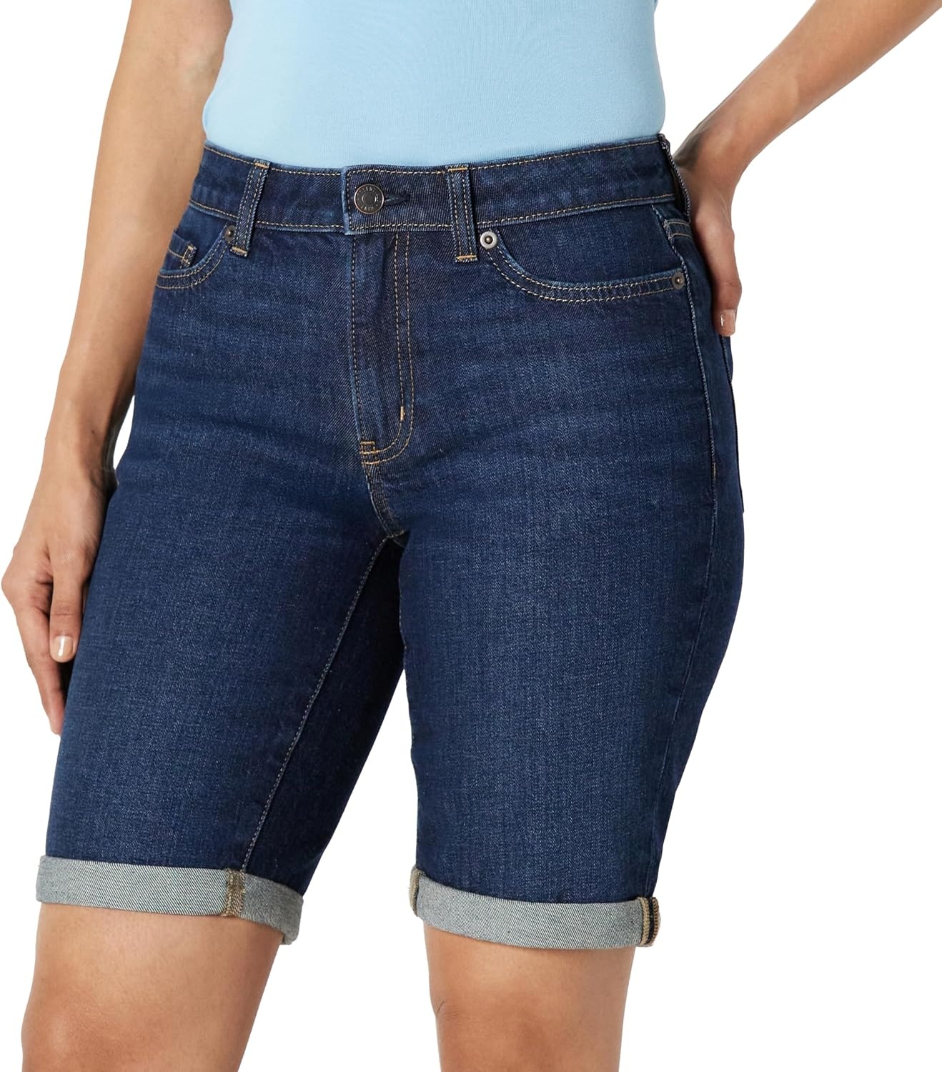 image:imageAmazon Essentials Womens Slim Fit Denim Bermuda Shorts with PocketsDark Wash