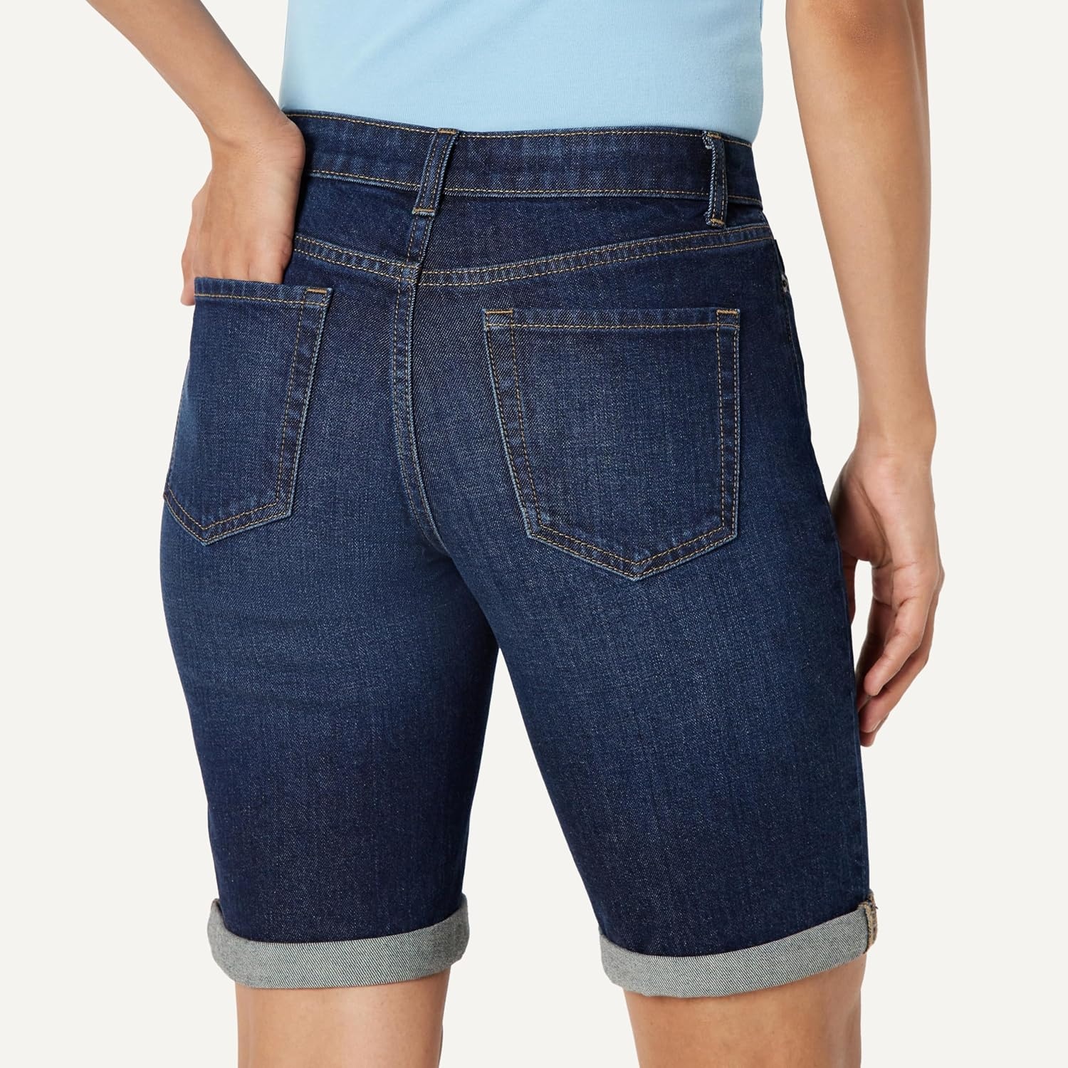 image:imageAmazon Essentials Womens Slim Fit Denim Bermuda Shorts with PocketsDark Wash