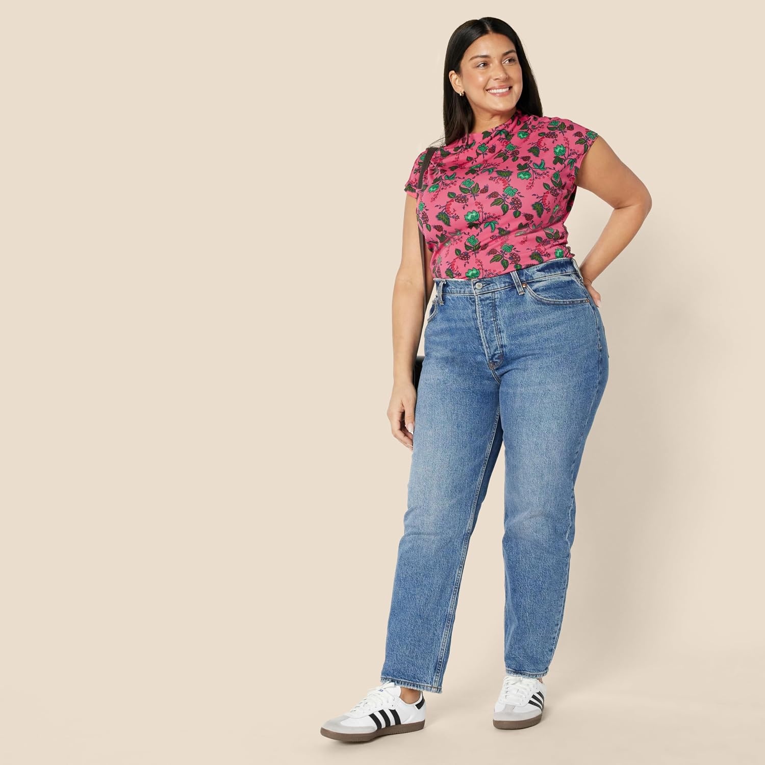 image:imageAmazon Essentials Womens SlimFit ExtendedSleeve Ruched Matte Jersey Top with Mock NeckHot Pink Leafy Floral Ditsy