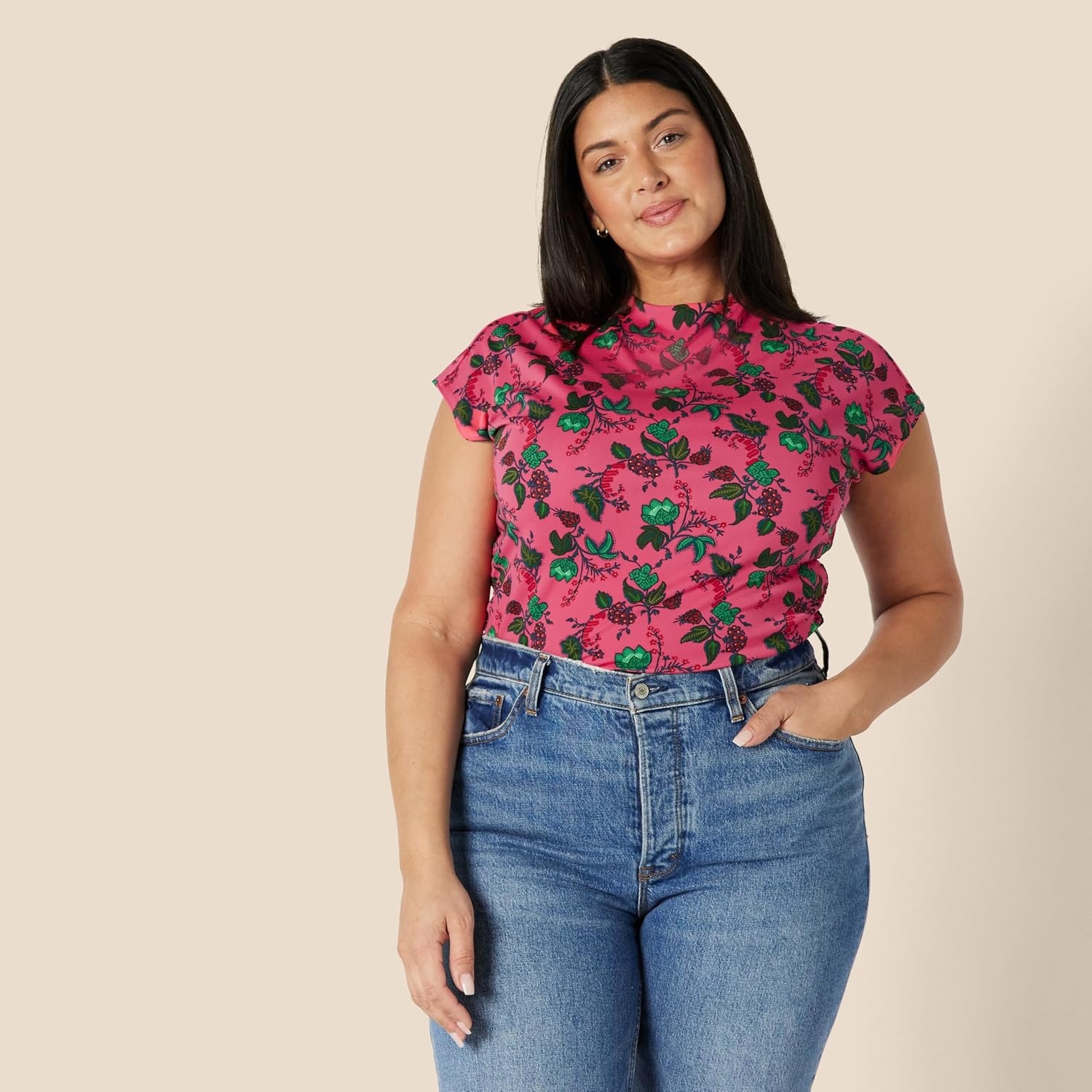 image:imageAmazon Essentials Womens SlimFit ExtendedSleeve Ruched Matte Jersey Top with Mock NeckHot Pink Leafy Floral Ditsy