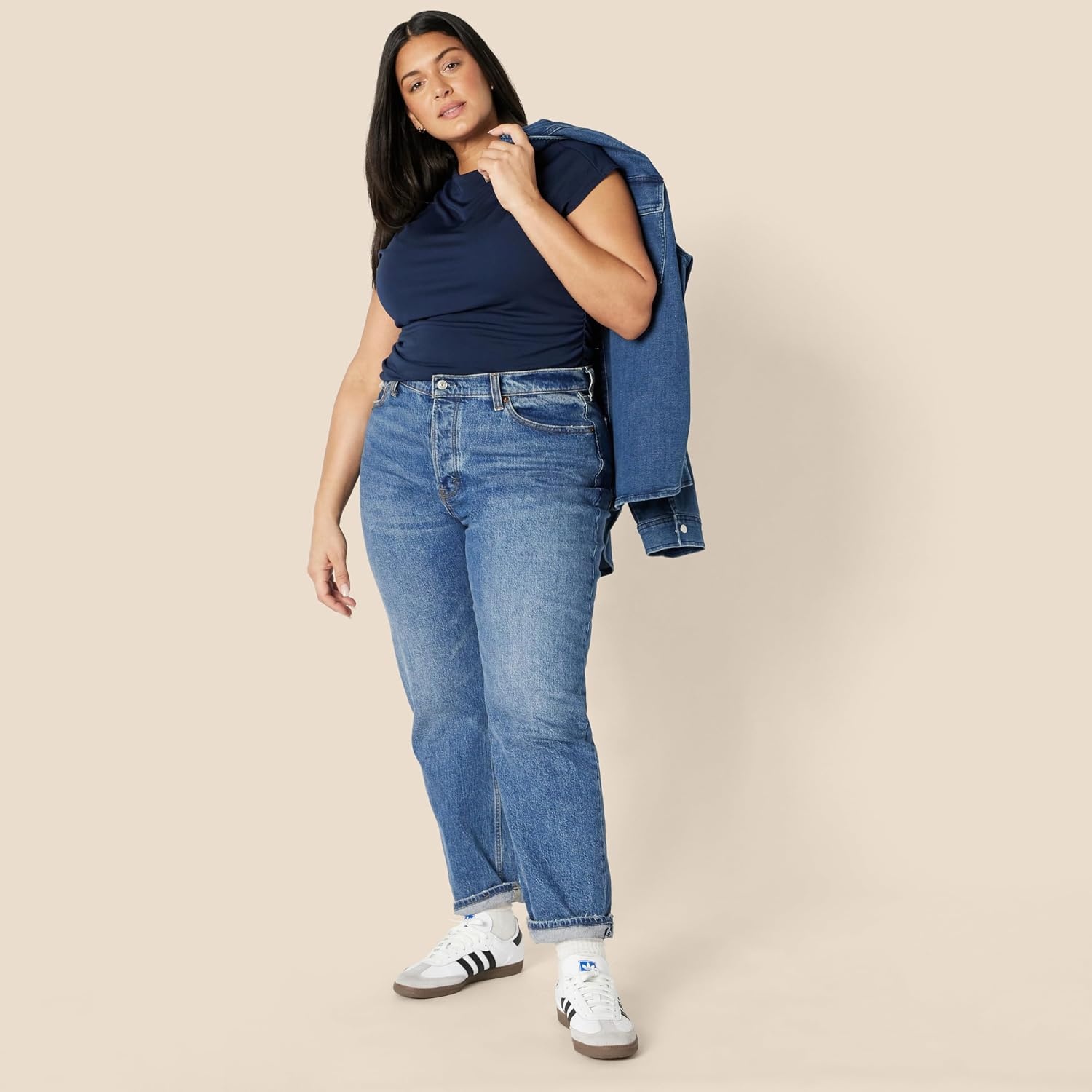 image:imageAmazon Essentials Womens SlimFit ExtendedSleeve Ruched Matte Jersey Top with Mock NeckNavy