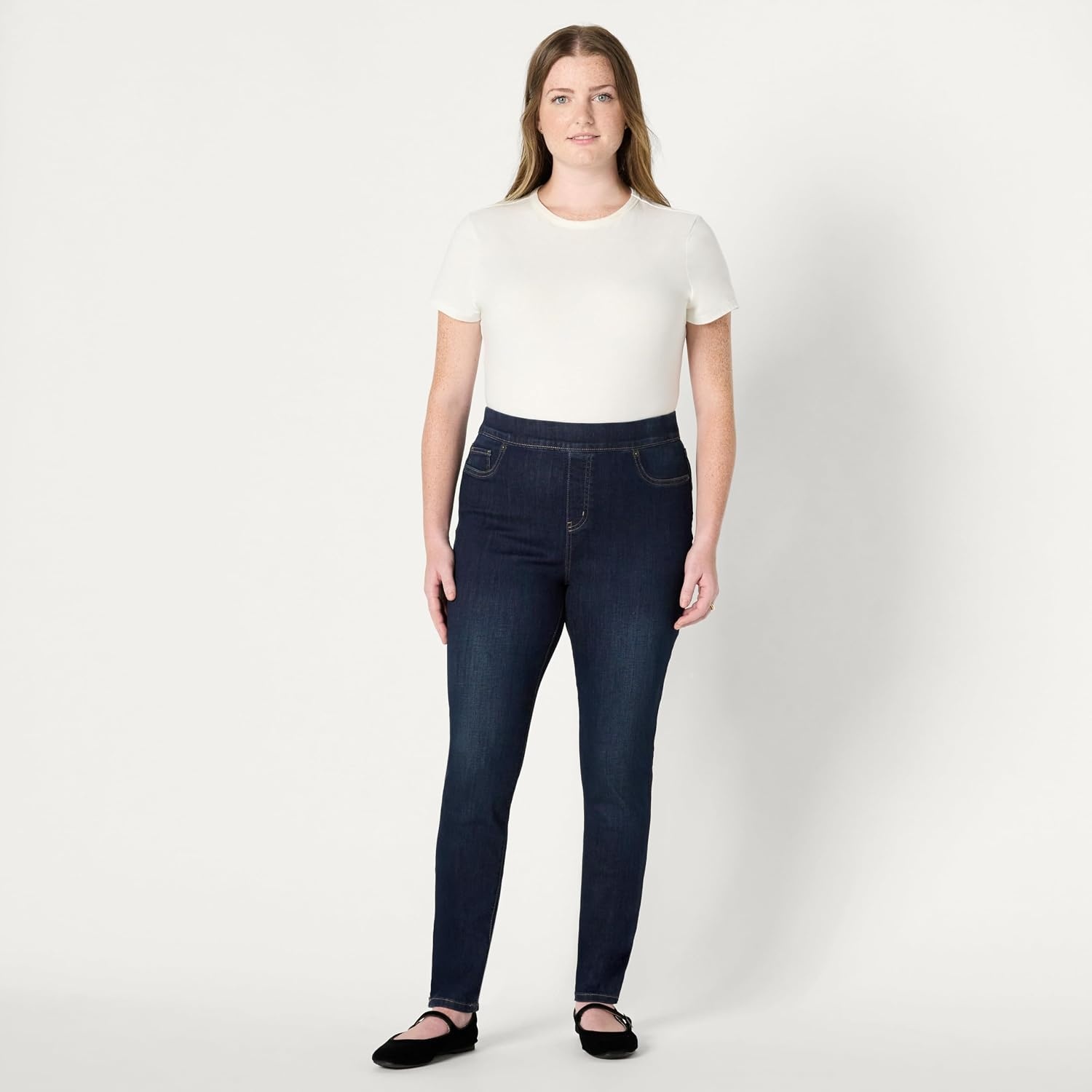 image:imageAmazon Essentials Womens Stretch Denim MidRise PullOn Skinny JeggingDark Wash