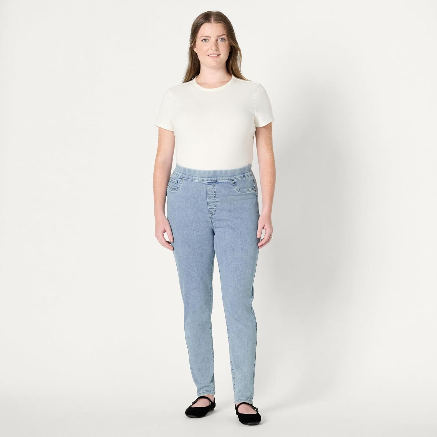 image:imageAmazon Essentials Womens Stretch Denim MidRise PullOn Skinny JeggingIced Light Wash