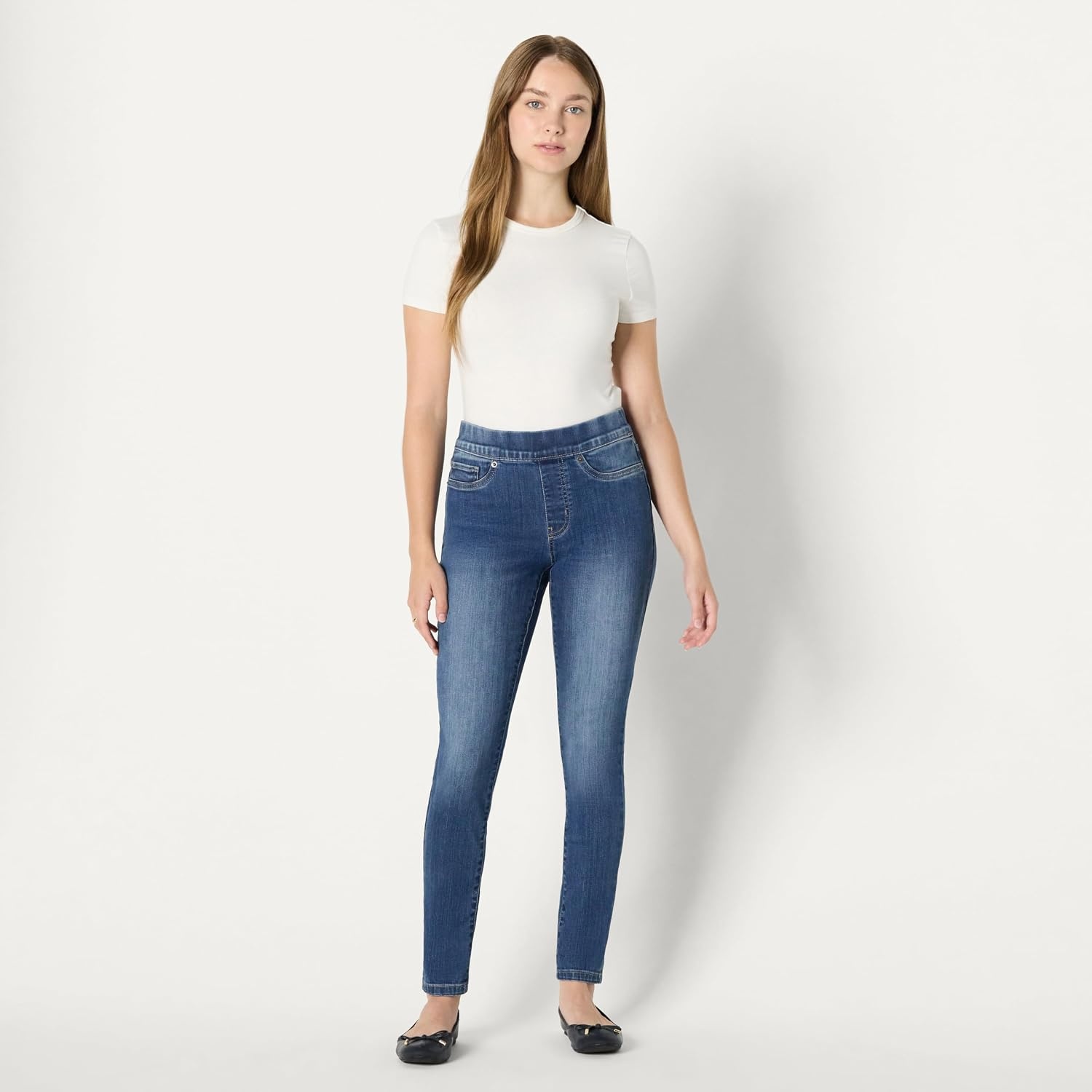 image:imageAmazon Essentials Womens Stretch Denim MidRise PullOn Skinny JeggingMedium Wash