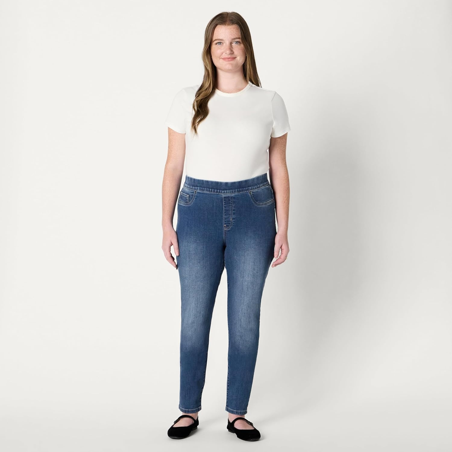 image:imageAmazon Essentials Womens Stretch Denim MidRise PullOn Skinny JeggingMedium Wash