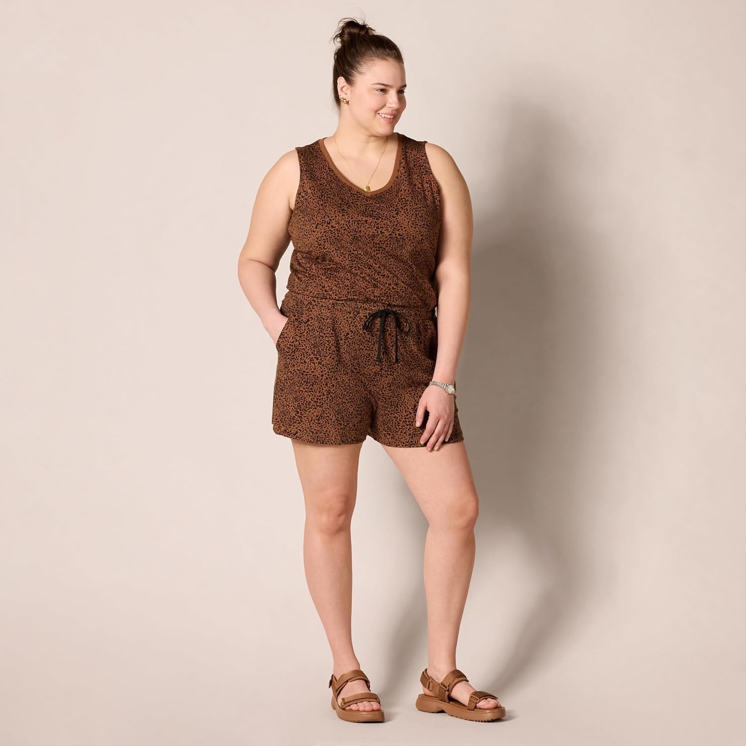 image:imageAmazon Essentials Womens Studio Terry V Neck Romper Stretchy Exercise Loungewear SoftBlack Brown Animal Print