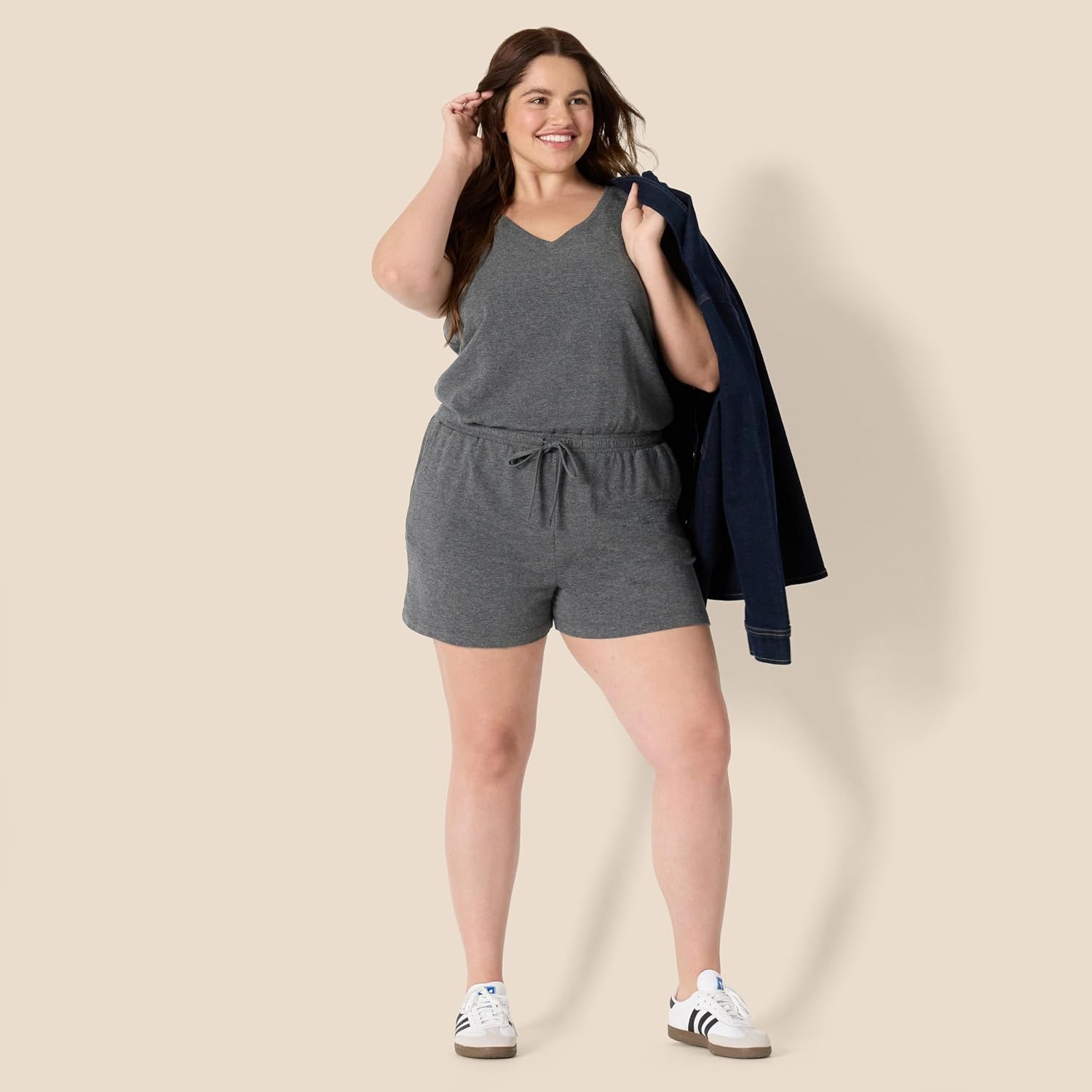 image:imageAmazon Essentials Womens Studio Terry V Neck Romper Stretchy Exercise Loungewear SoftCharcoal Heather