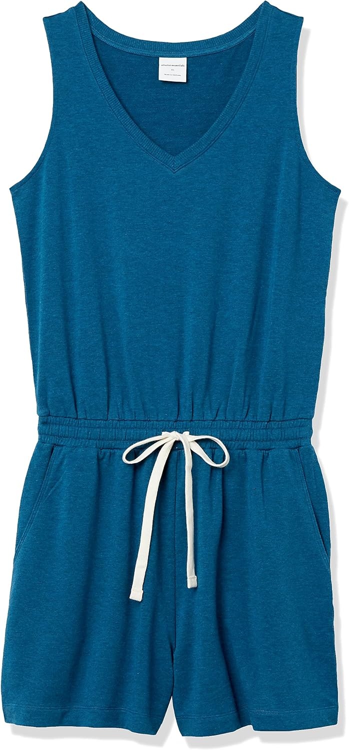 image:imageAmazon Essentials Womens Studio Terry V Neck Romper Stretchy Exercise Loungewear SoftTeal Blue