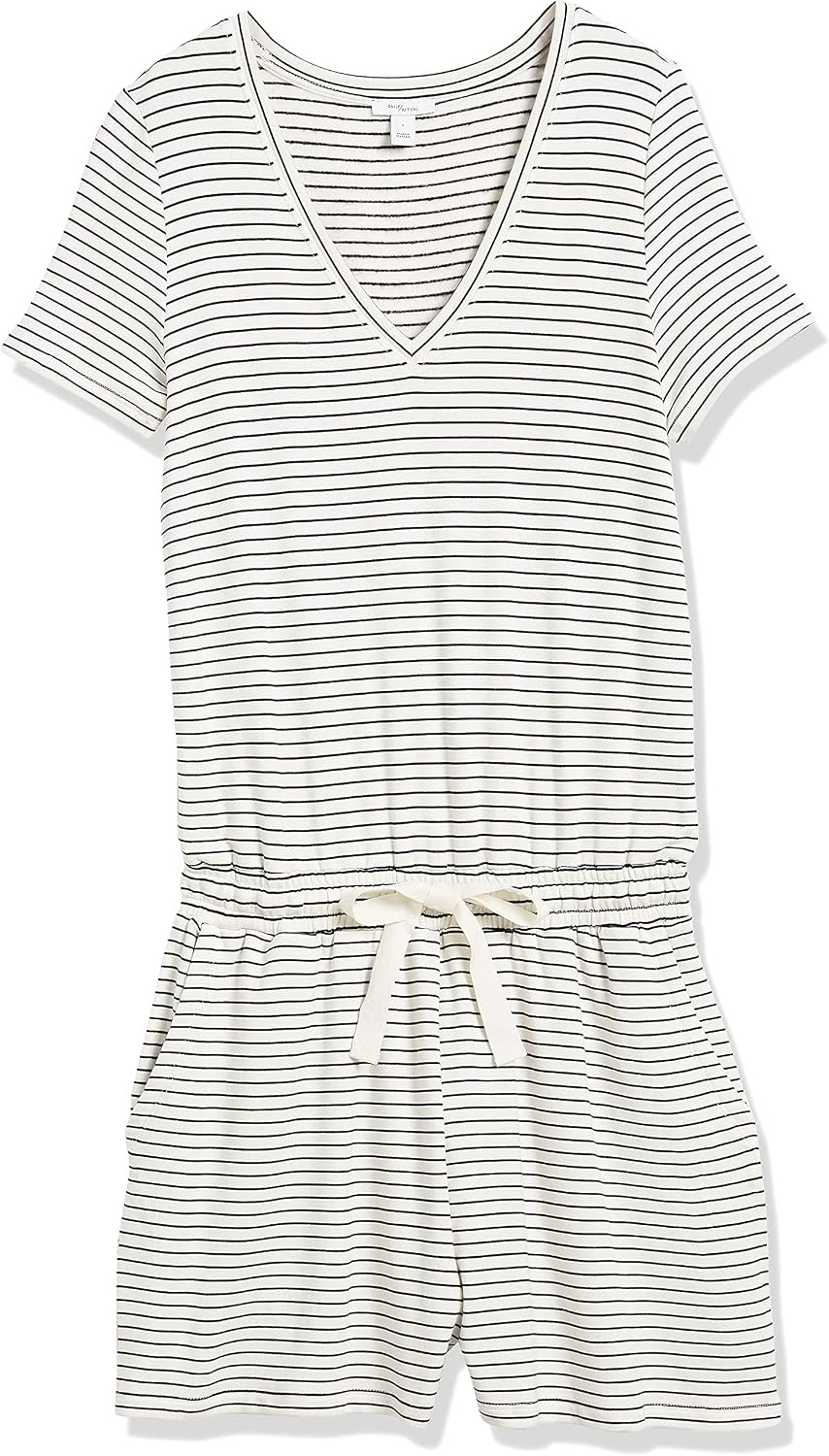 image:imageAmazon Essentials Womens Supersoft Terry ShortSleeve VNeck Romper Previously Daily RitualBlack White Thin Stripe