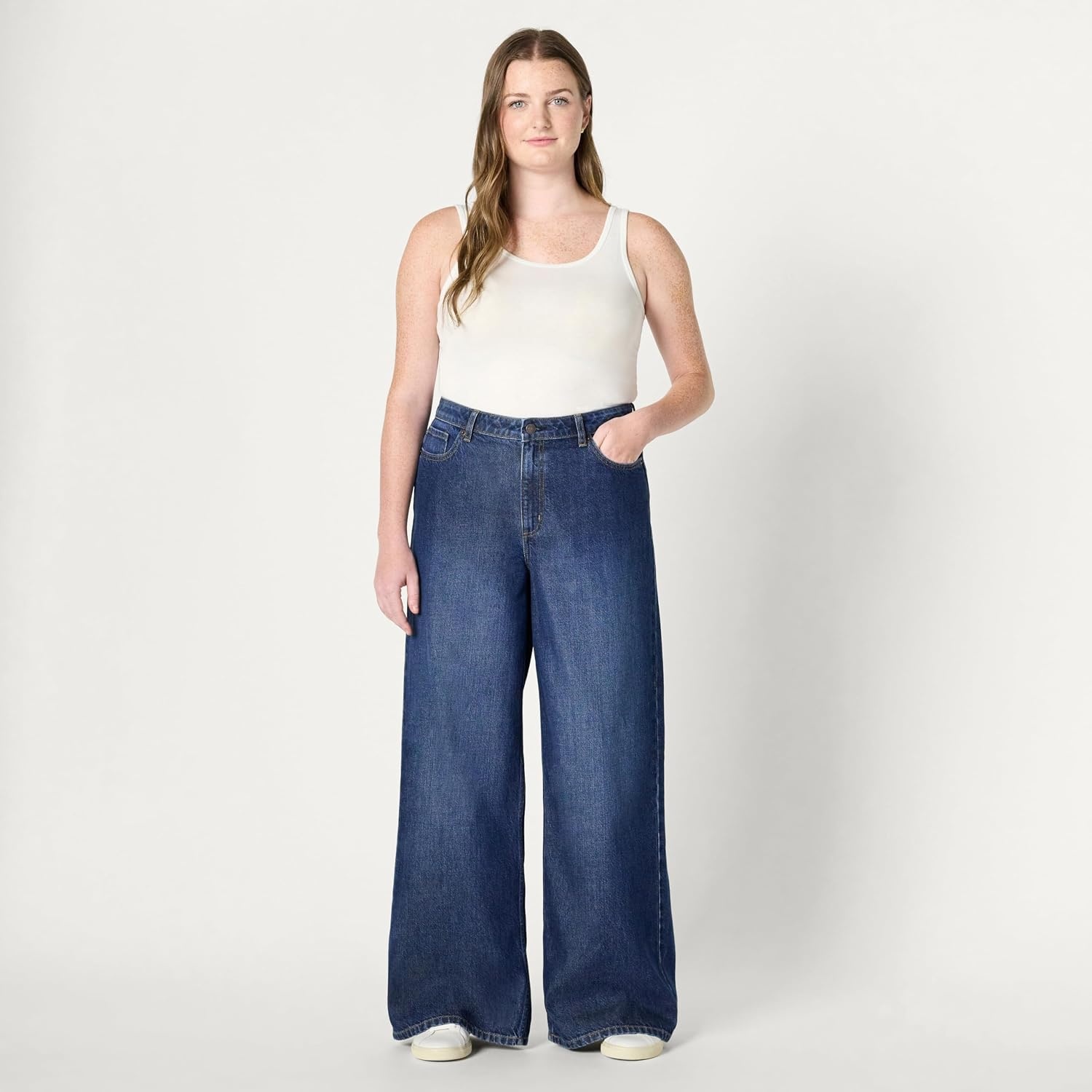 image:imageAmazon Essentials Womens Ultra Soft MidRise Wide Leg JeansDark Shadow Wash