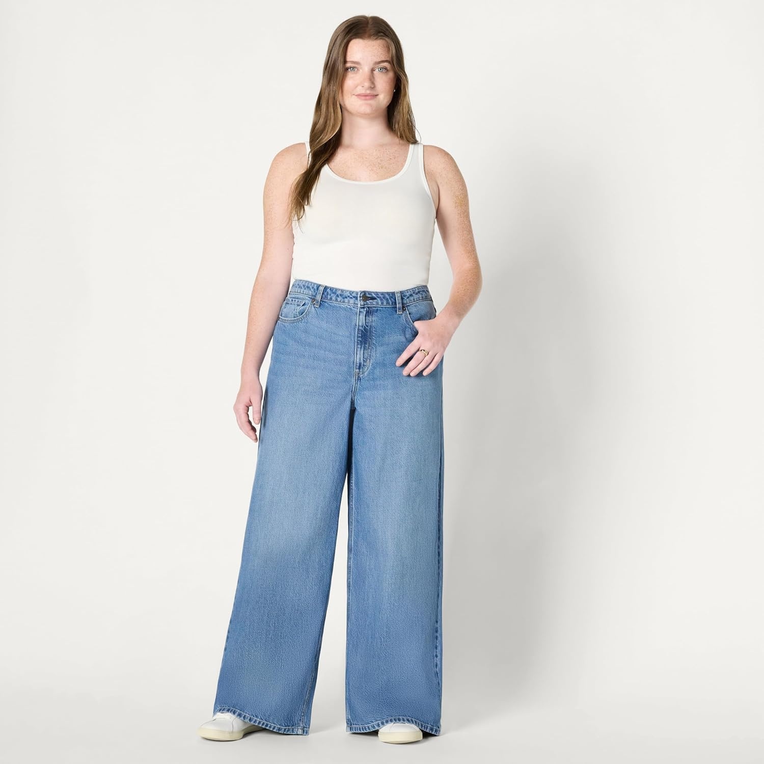image:imageAmazon Essentials Womens Ultra Soft MidRise Wide Leg JeansSlate Blue Wash