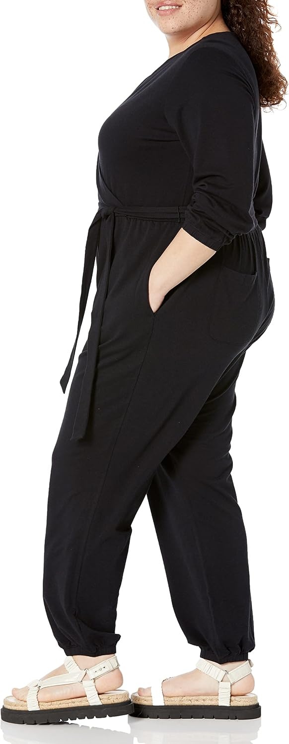 image:imageAmazon Essentials Womens Versatile Knit Surplice Jumpsuit with Sleeves Elastic Waist Available in Plus SizeBlack