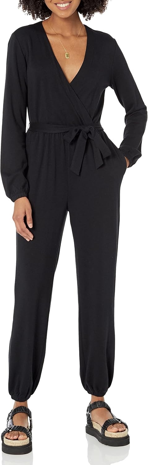 image:imageAmazon Essentials Womens Versatile Knit Surplice Jumpsuit with Sleeves Elastic Waist Available in Plus SizeBlack