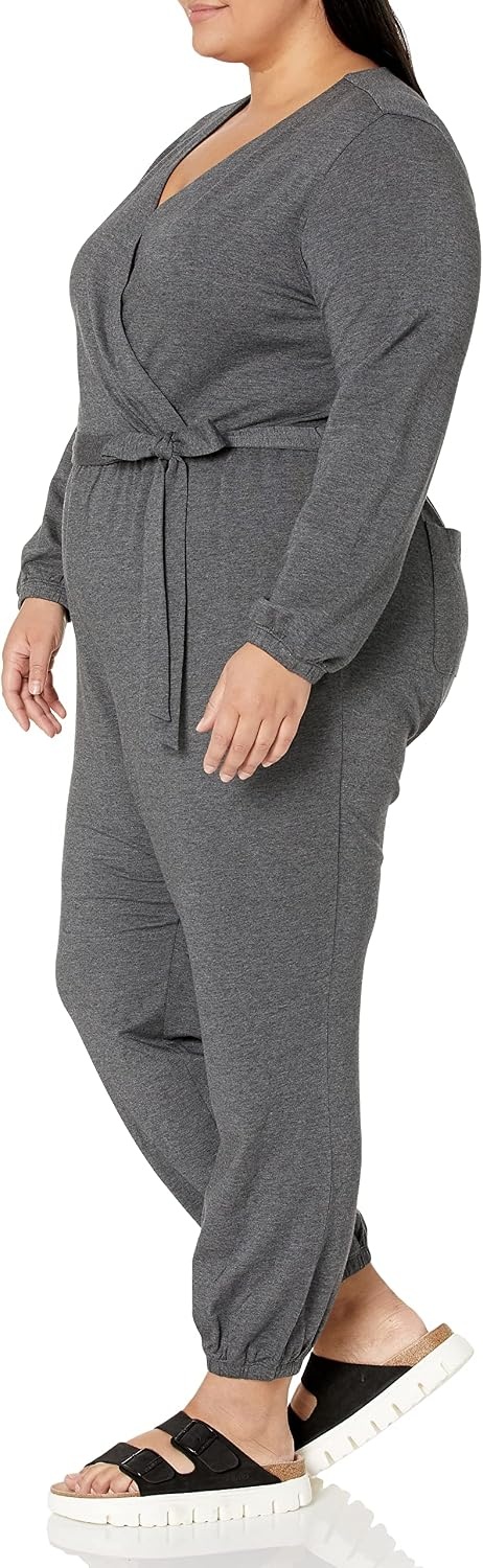 image:imageAmazon Essentials Womens Versatile Knit Surplice Jumpsuit with Sleeves Elastic Waist Available in Plus SizeCharcoal Heather