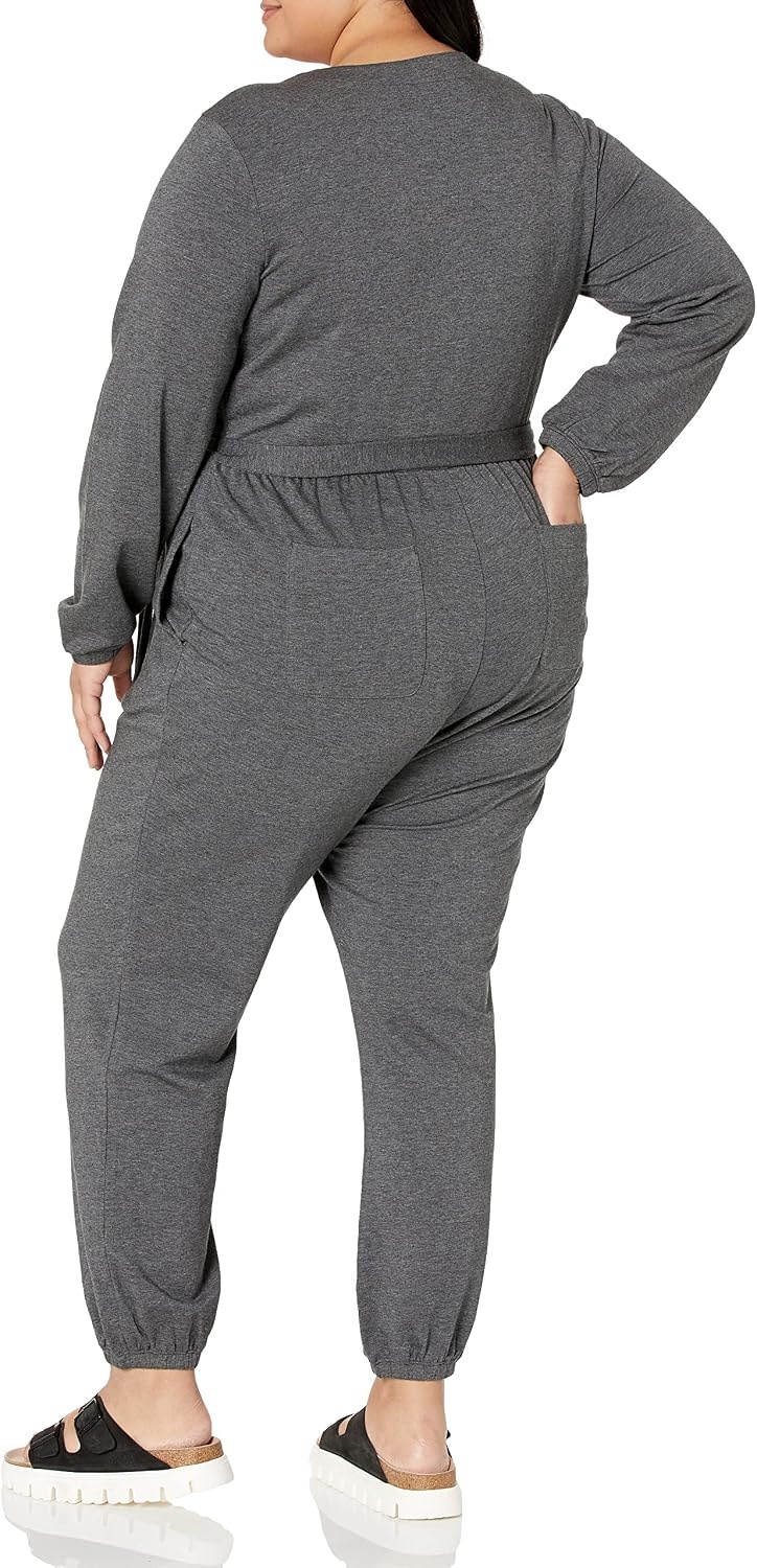 image:imageAmazon Essentials Womens Versatile Knit Surplice Jumpsuit with Sleeves Elastic Waist Available in Plus SizeCharcoal Heather