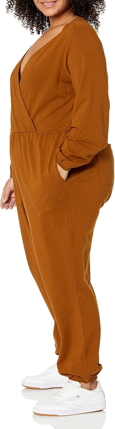 image:imageAmazon Essentials Womens Versatile Knit Surplice Jumpsuit with Sleeves Elastic Waist Available in Plus SizeDark Chestnut Brown