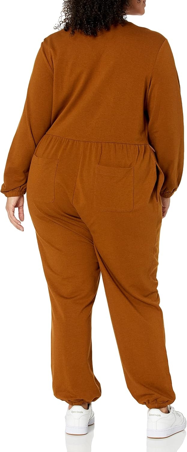 image:imageAmazon Essentials Womens Versatile Knit Surplice Jumpsuit with Sleeves Elastic Waist Available in Plus SizeDark Chestnut Brown