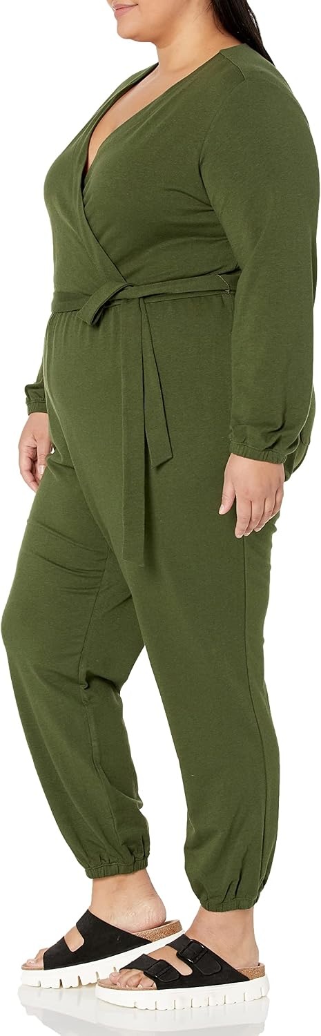image:imageAmazon Essentials Womens Versatile Knit Surplice Jumpsuit with Sleeves Elastic Waist Available in Plus SizeDark Olive