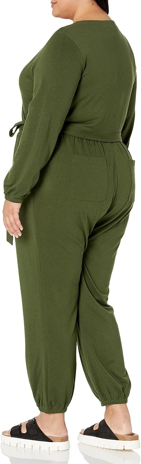 image:imageAmazon Essentials Womens Versatile Knit Surplice Jumpsuit with Sleeves Elastic Waist Available in Plus SizeDark Olive