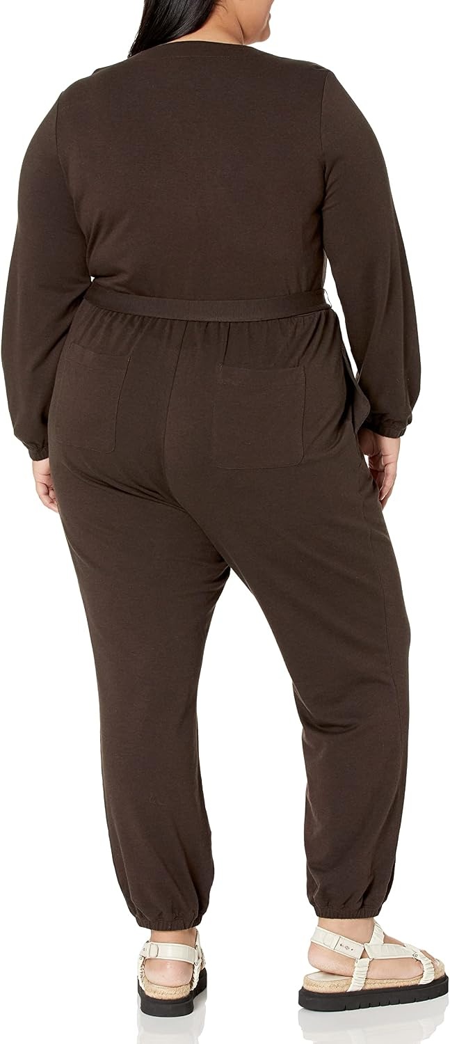 image:imageAmazon Essentials Womens Versatile Knit Surplice Jumpsuit with Sleeves Elastic Waist Available in Plus SizeEspresso
