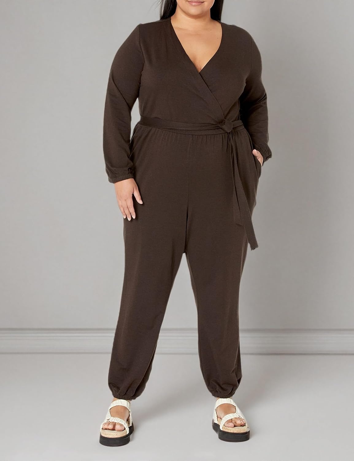 image:imageAmazon Essentials Womens Versatile Knit Surplice Jumpsuit with Sleeves Elastic Waist Available in Plus SizeEspresso