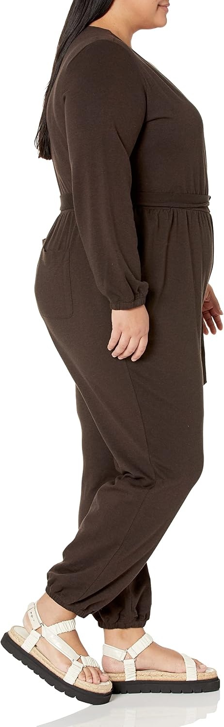 image:imageAmazon Essentials Womens Versatile Knit Surplice Jumpsuit with Sleeves Elastic Waist Available in Plus SizeEspresso