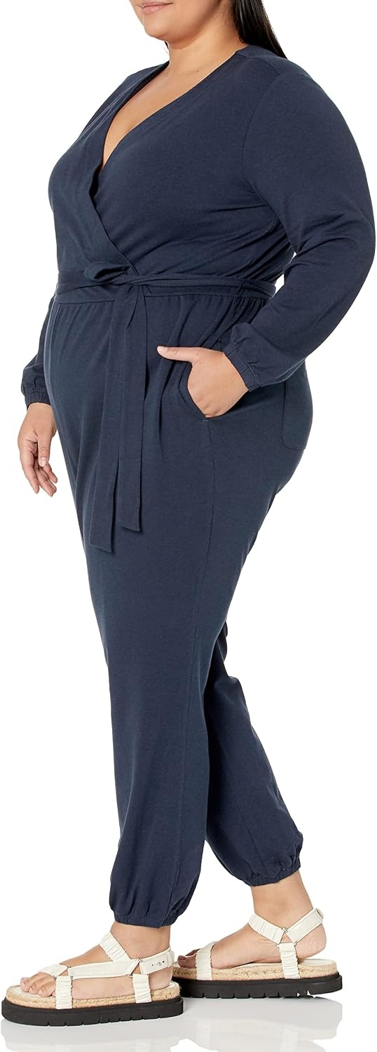 image:imageAmazon Essentials Womens Versatile Knit Surplice Jumpsuit with Sleeves Elastic Waist Available in Plus SizeNavy