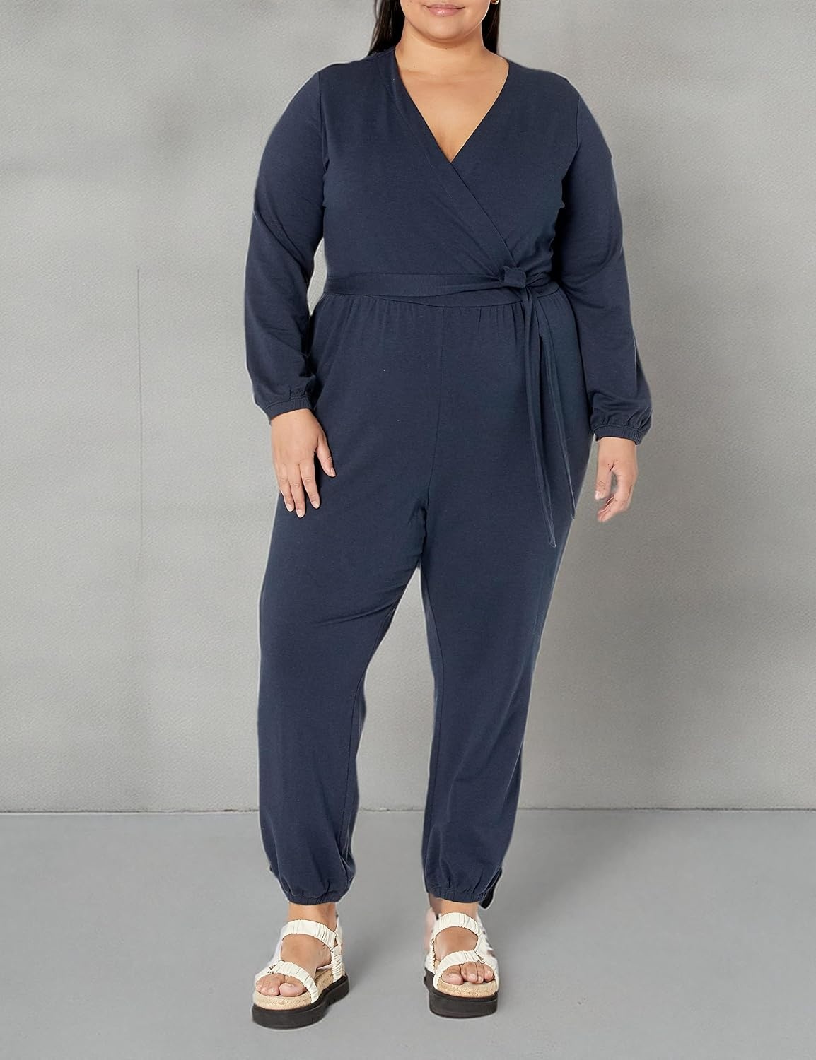 image:imageAmazon Essentials Womens Versatile Knit Surplice Jumpsuit with Sleeves Elastic Waist Available in Plus SizeNavy