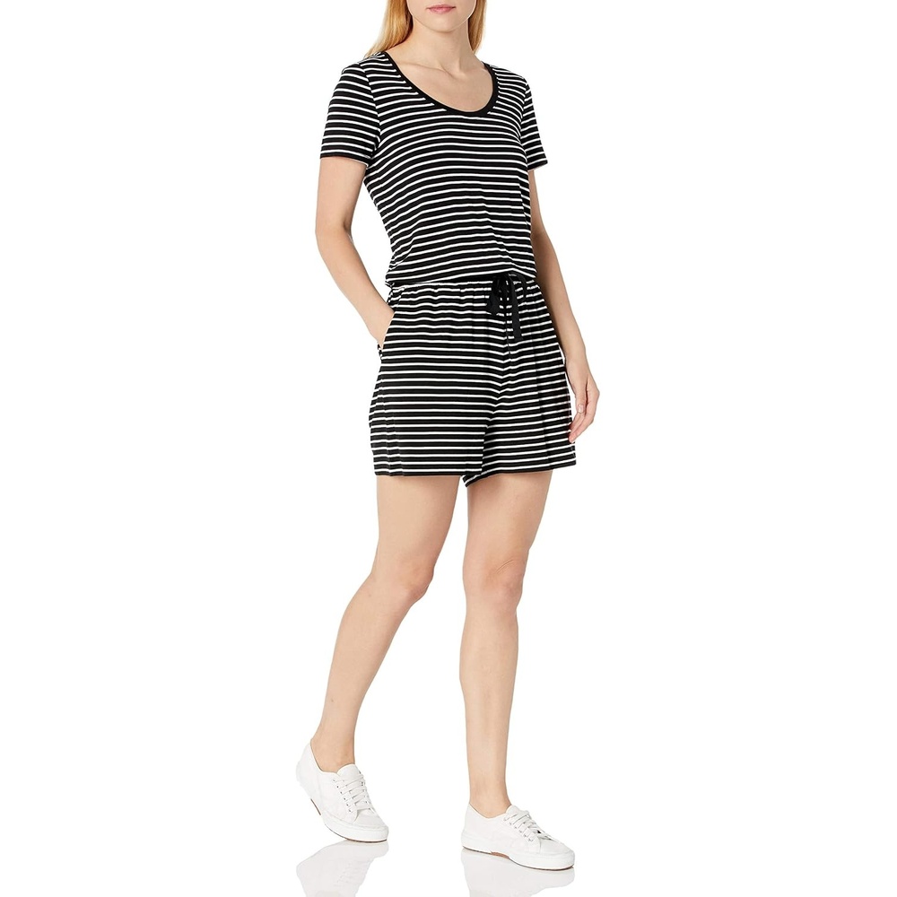 image:imageAmazon Essentials Womens Casual Summer ShortSleeve Scoop Neck Romper with Elastic WaistBlack Thin Stripe