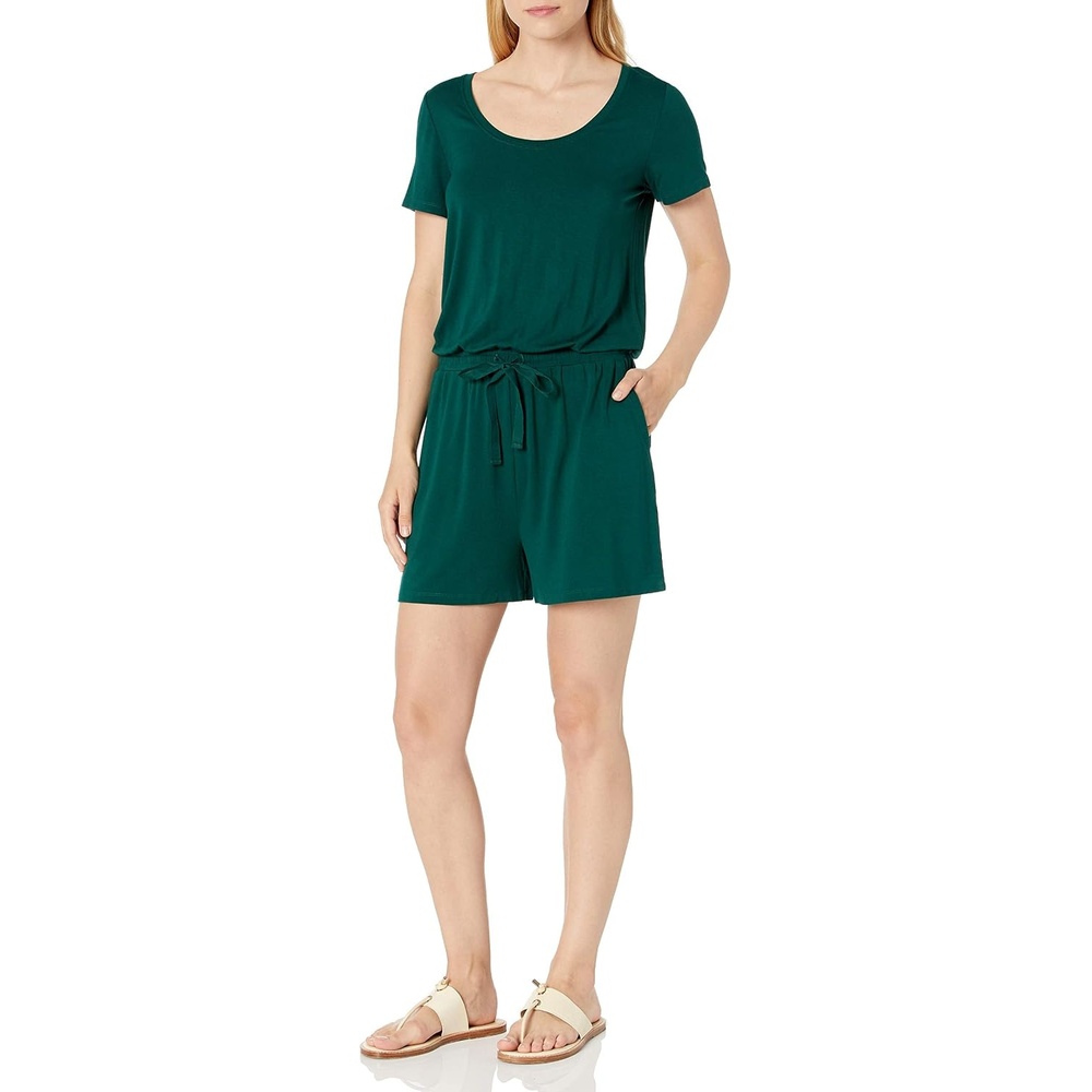 image:imageAmazon Essentials Womens Casual Summer ShortSleeve Scoop Neck Romper with Elastic WaistJade