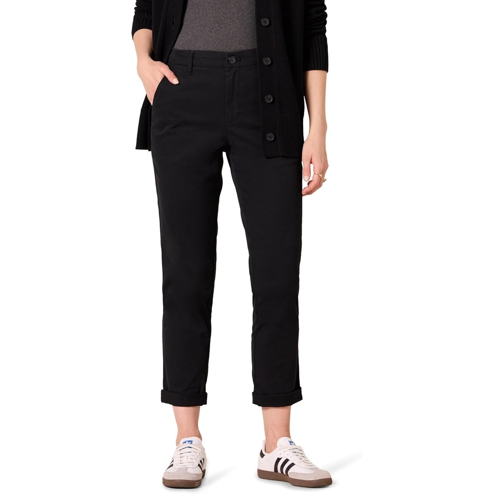 image:imageAmazon Essentials Womens HighRise RegularFit AnkleLength TaperedLeg Khaki PantBlack