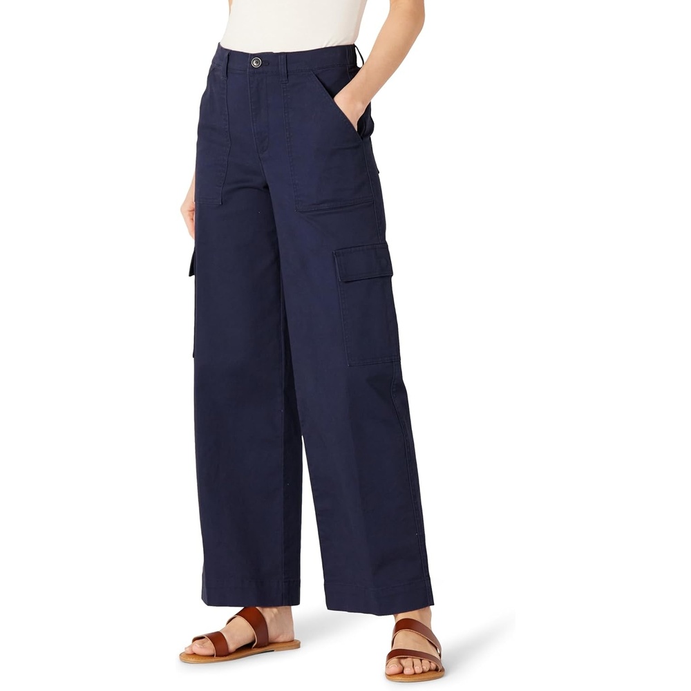 image:imageAmazon Essentials Womens HighRise RelaxedFit Stretchy FullLength Cargo PantsNavy